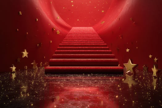 Red carpet staircase leading to a starry entrance in a glamorous setting photo