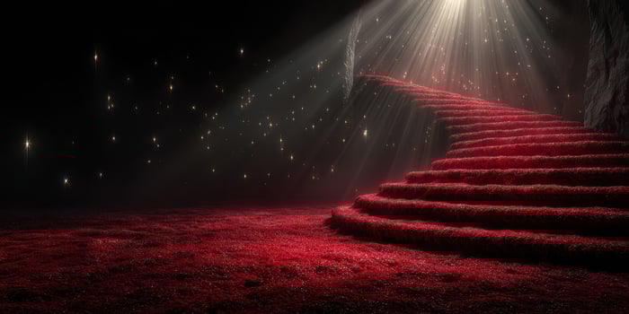 Red carpet stairs illuminated by soft light in a dark cavern setting creating an enchanting atmosphere photo