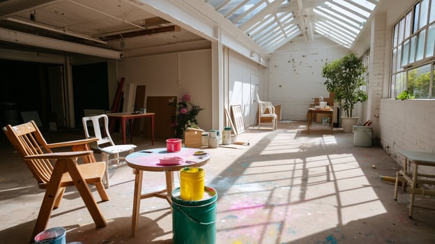 Bright and spacious artist studio with natural light and colorful paints in a creative workspace photo
