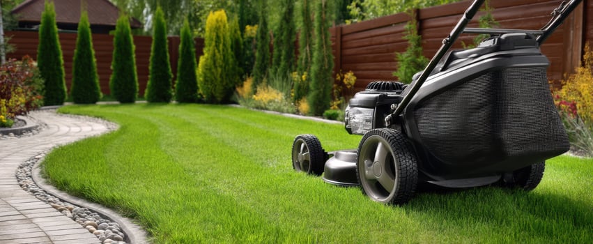 The lawn mower on a beautifully maintained grassy garden landscape. photo