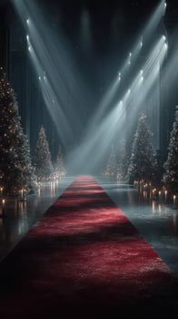 Elegant pathway illuminated by soft lights and decorated Christmas trees in a festive hall during the holiday season photo