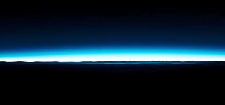 A dark, otherworldly landscape is seen below a blue and white horizon line photo