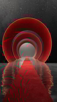 Vibrant red arches create a captivating pathway leading to a mysterious glowing horizon at night photo