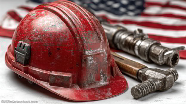 Red hard hat and tools on a backdrop of an American flag symbolizing American craftsmanship and labor photo