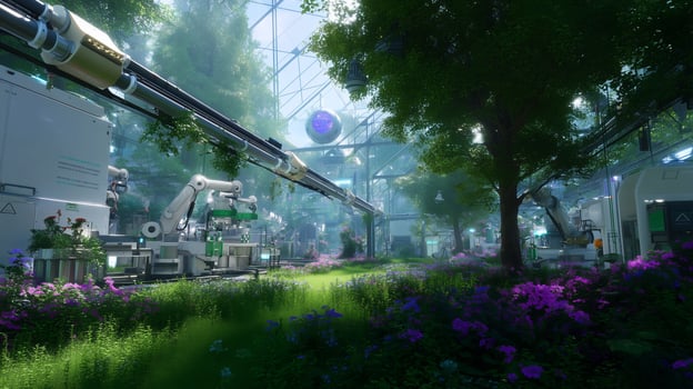 Futuristic greenhouse with robotic systems tending to vibrant plant life in a lush environment photo