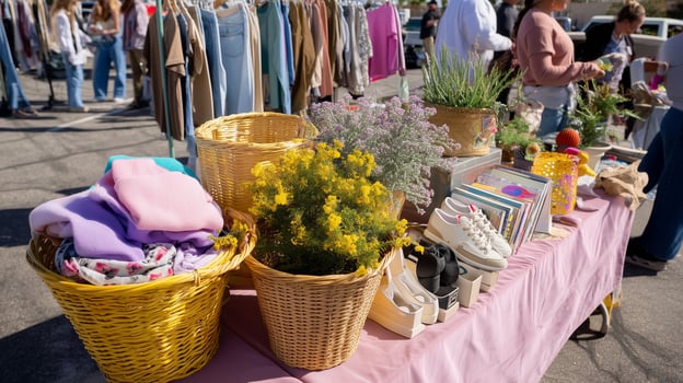 Colorful market stall features clothing, plants, and accessories at local outdoor market in sunny weather photo