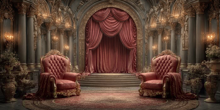 Elegant theater interior featuring ornate red chairs and lavish decor with stage backdrop in historical setting photo