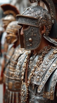 Elaborately crafted Roman soldiers in historical reenactment event captivating audience in vibrant city street setting photo