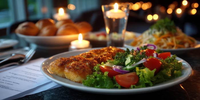 Romantic dinner setting featuring gourmet fish dish with salad and rolls in a candlelit atmosphere photo