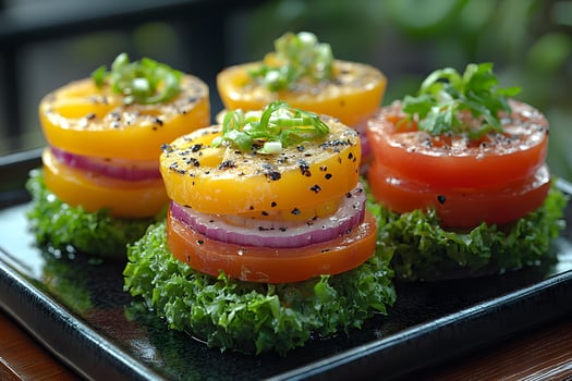 Gourmet Stack of Heirloom Tomato and Onion Salad on Fresh Kale for Healthy Dining photo