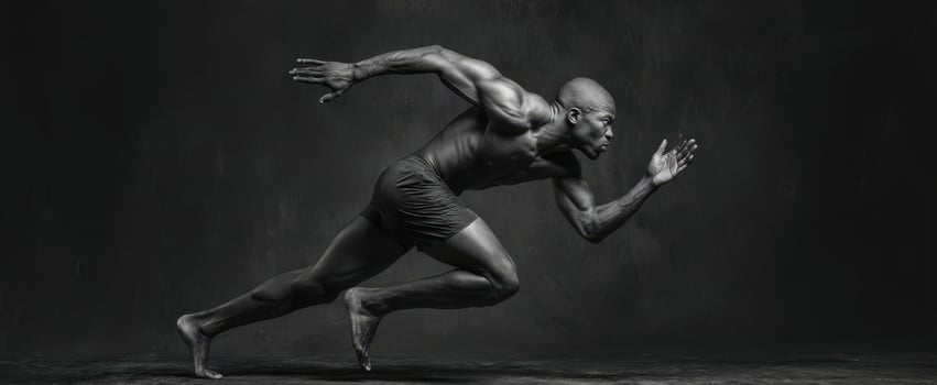 The athlete sprinting with power and intensity against a dramatic backdrop. photo