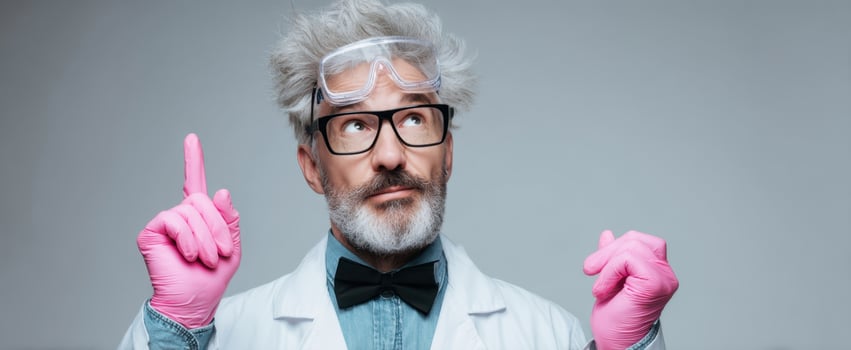 The scientist with playful gloves shares a moment of inspiration and creativity. photo