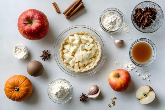 An apple pie filling arranged alongside ingredients like apples, spices, and pumpkin on a white surface photo