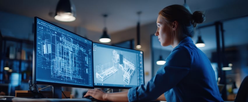 The designer working diligently at a dual-monitor workstation creating architectural plans. photo