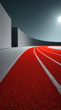 Red athletic track with geometric architecture under a clear blue sky at midday showcases vibrant colors and modern design photo