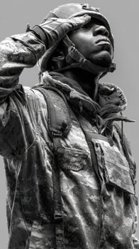 Soldier saluting in the rain during a military ceremony in an outdoor setting photo