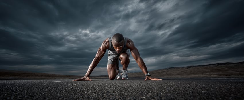 The athlete preparing to sprint on a dramatic overcast racetrack. photo