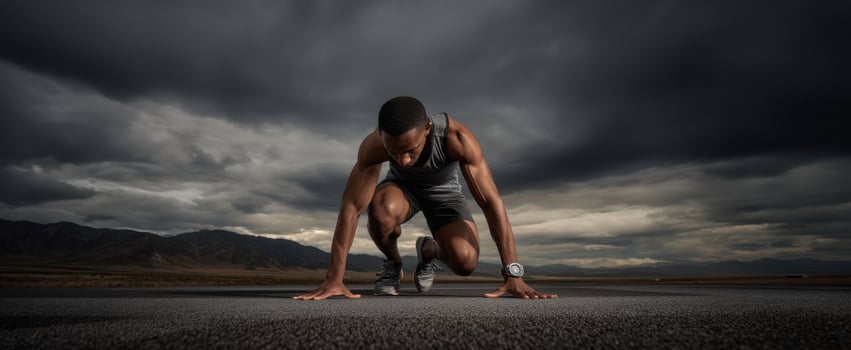 The athletic man poised for a sprint on a dramatic outdoor landscape. photo