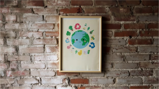 Artwork depicting a colorful Earth surrounded by various recycling and nature icons on a brick wall indoors photo