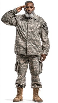 Military personnel saluting with pride in camouflage uniform and boots against a neutral background photo