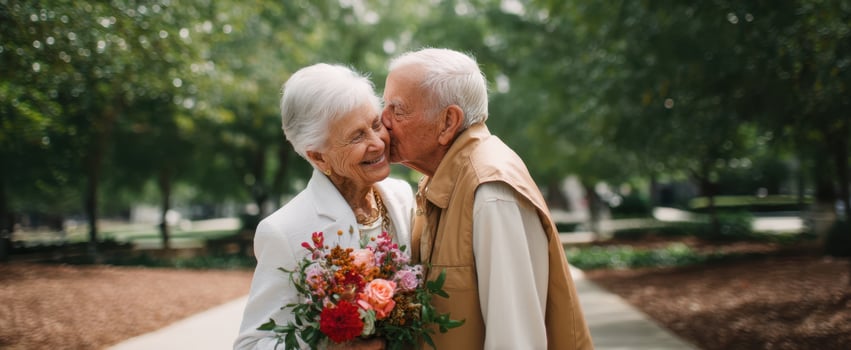 The elderly couple sharing a loving moment in a vibrant outdoor setting. photo