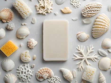 Cream soap bar is centered amid ocean shells and sponges on light surface photo