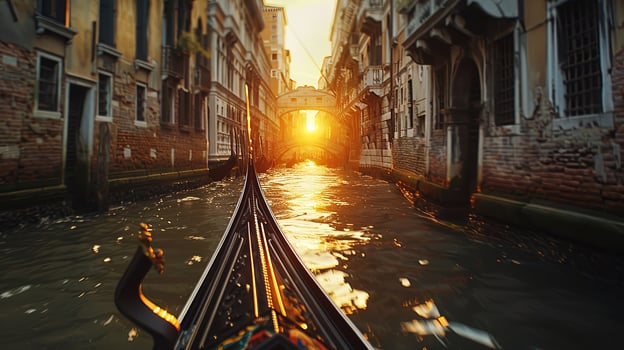 . Gondola gliding through narrow canal in historic city, with warm sunset illuminating the water and ancient buildings, creating a serene and picturesque atmosphere photo