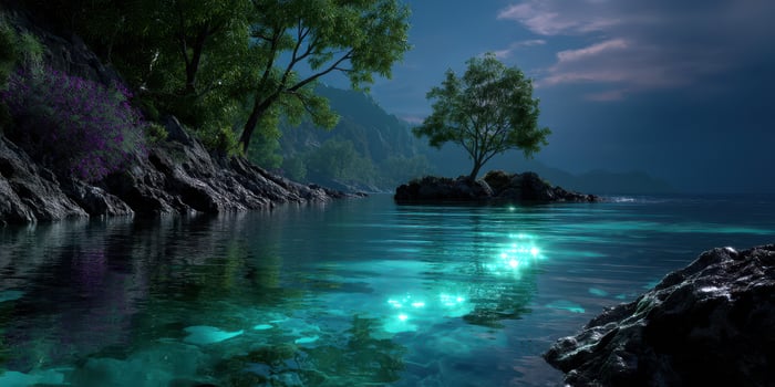 Tranquil night by the shoreline with glowing water under the moonlight in a serene coastal landscape photo