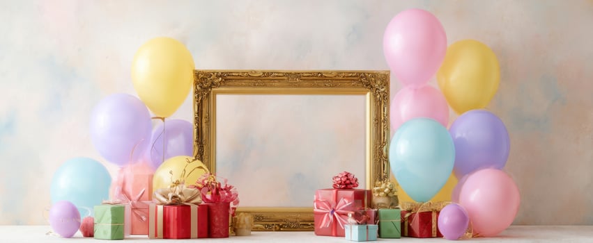 The vibrant display of gifts and balloons celebrating a joyful occasion. photo