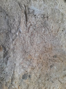 Close-up image of a rough, textured stone surface featuring natural cracks, layers, and earthy shades of brown and gray. photo