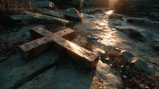 Cross on rocky ground illuminated by sunset in serene natural setting photo