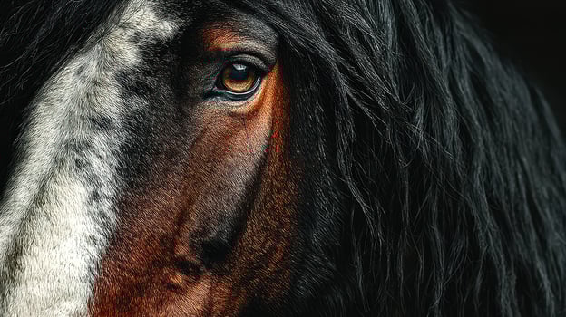 Close-up view of a horse's face showcasing its unique features and expressive eye during a calm moment in its stable photo