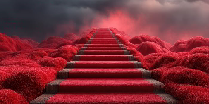 Vibrant red staircase ascends through surreal landscape under dramatic stormy sky photo