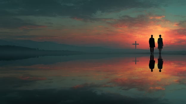 Couple stands on reflective surface during sunset beneath a large cross in a serene landscape photo