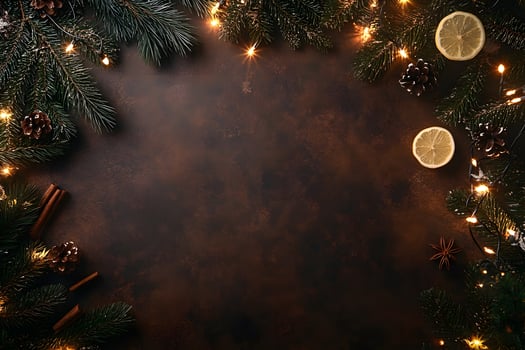 Festive Christmas ornaments including pinecones, string lights, lemon slices, and fir branches are beautifully arranged photo
