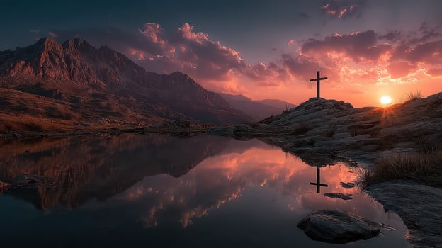 Sunset over mountains with cross reflection in tranquil water setting photo