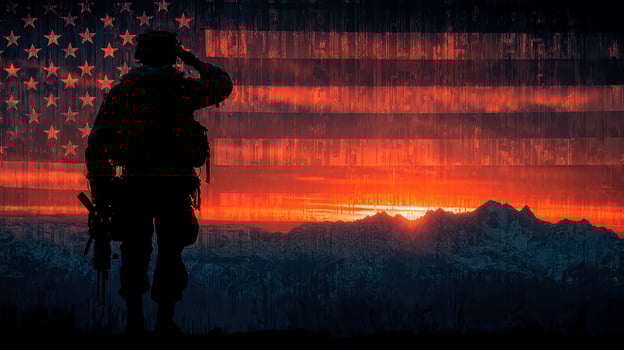 Soldier salutes under sunset with American flag backdrop in a mountainous landscape photo
