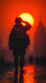 Soldier salutes against a vibrant sunset in an urban landscape, reflecting bravery and solitude during twilight photo