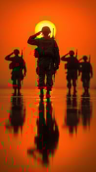 Soldiers salute during sunset, reflecting their unity and commitment to service in a serene landscape photo