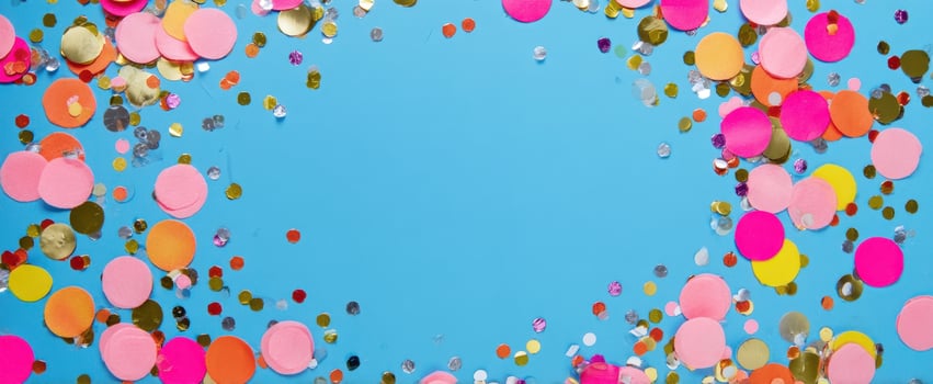 The vibrant confetti arrangement on a bright blue background for festive occasions. photo