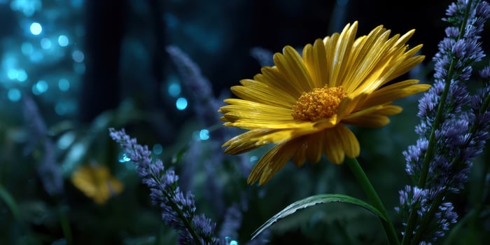 Bright yellow flower blooming in a mystical forest with glowing blue lights at dusk photo