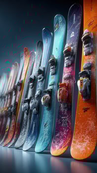 Ski equipment lineup showcasing colorful snowboards in a well-lit indoor setting photo
