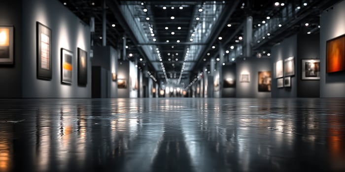 Art gallery interior showcases various artworks with polished floors and ambient lighting during an exhibition at night photo