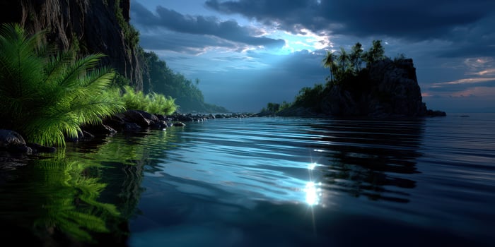 Tranquil coastal landscape with lush greenery and gentle waves under a cloudy sky at dusk photo