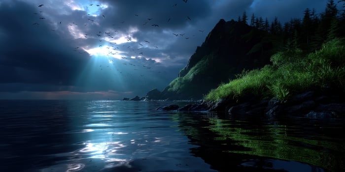 Dramatic coastal landscape with moonlight and birds soaring over tranquil waters at dusk photo