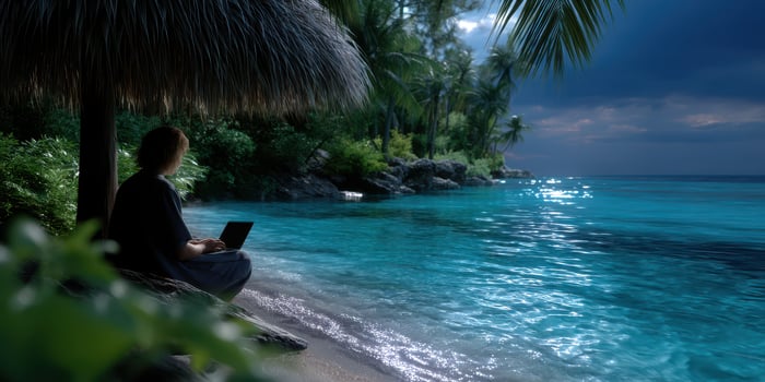 Individual working on laptop by serene beach at twilight in tropical paradise photo