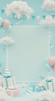 Blue background with balloons, gifts and a blank frame photo