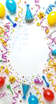 Colorful party decorations and balloons on white background photo