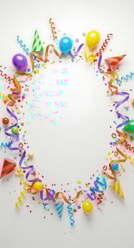 A circle of colorful confetti and balloons on a white background photo