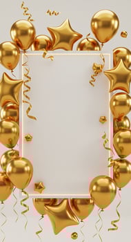 Golden balloons and confetti around a square frame photo